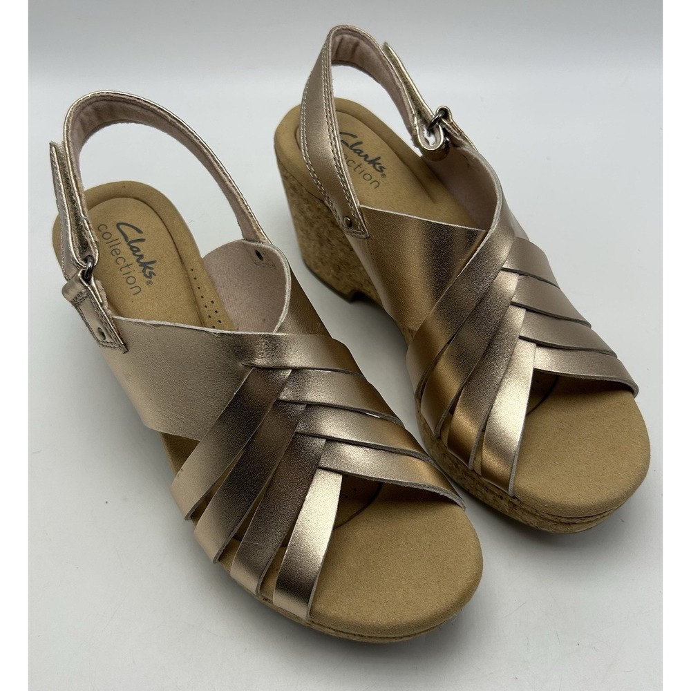 Clarks Giselle Ivy Wedge Sandal Womens 8 Rose Gold Leather 3" Heel Comfort